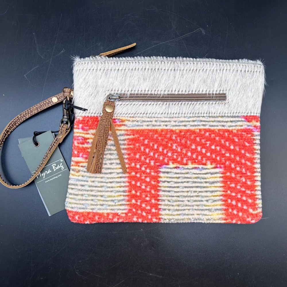 Myra Bag Pouch Orange Canvas Leather Fur Cosmetic Clutch Wristlet New